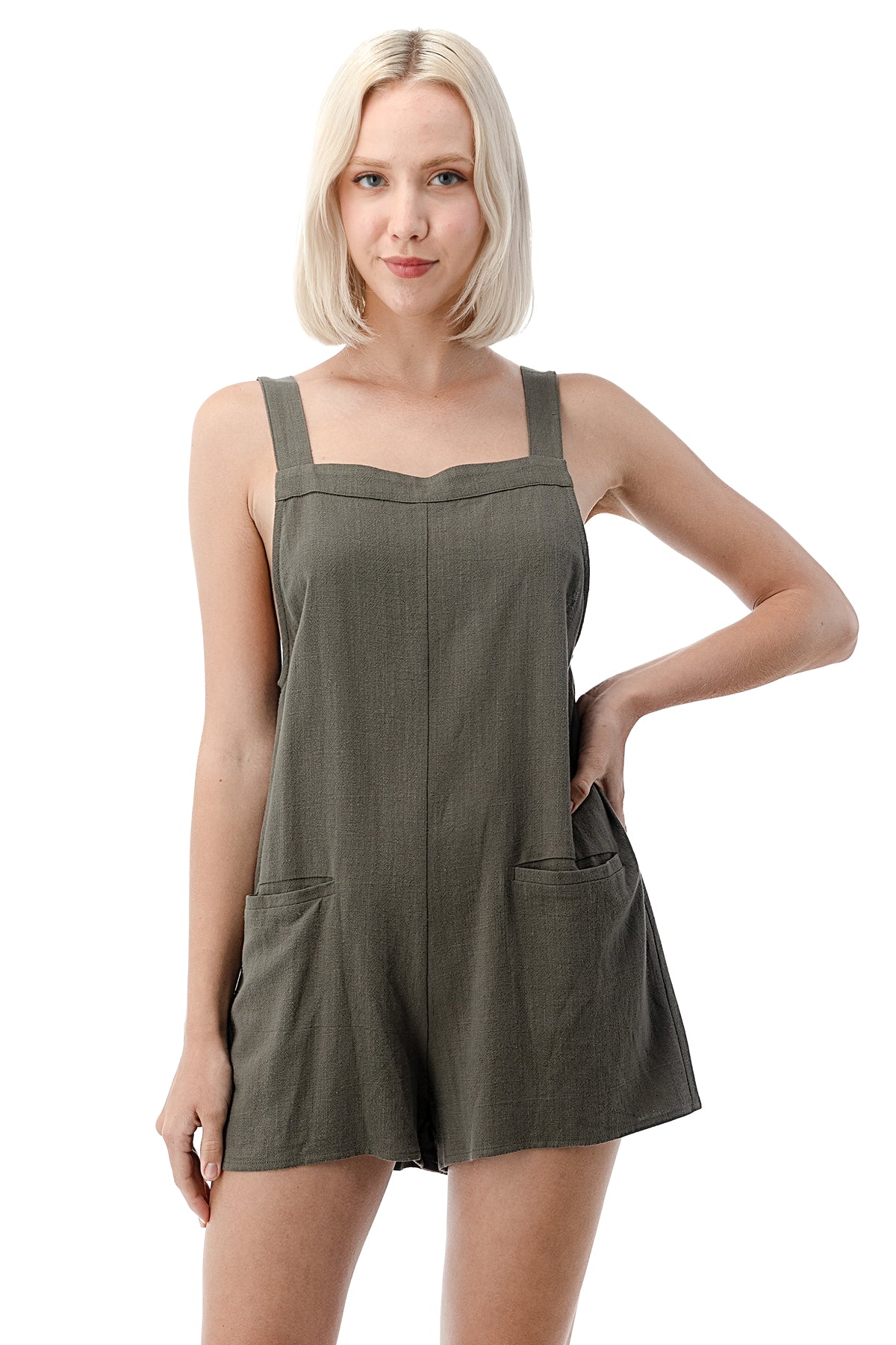EDGY Land Girl's and Women's Casual Low Armhole Pockets Front Square Neck Tank Romper
