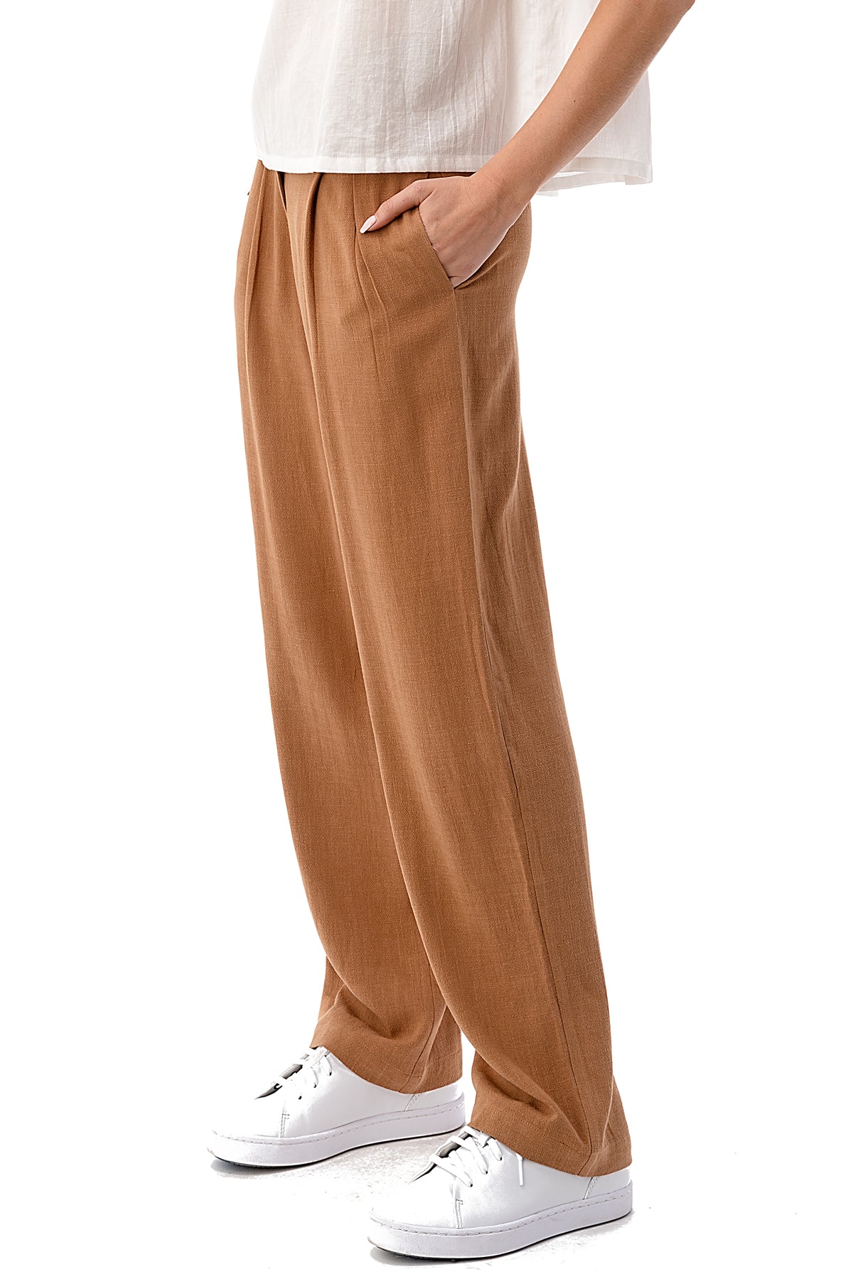 EDGY Land Girl's and Women's Pleated High Band Waist Slit Pocket Casual Pegged Long Pant