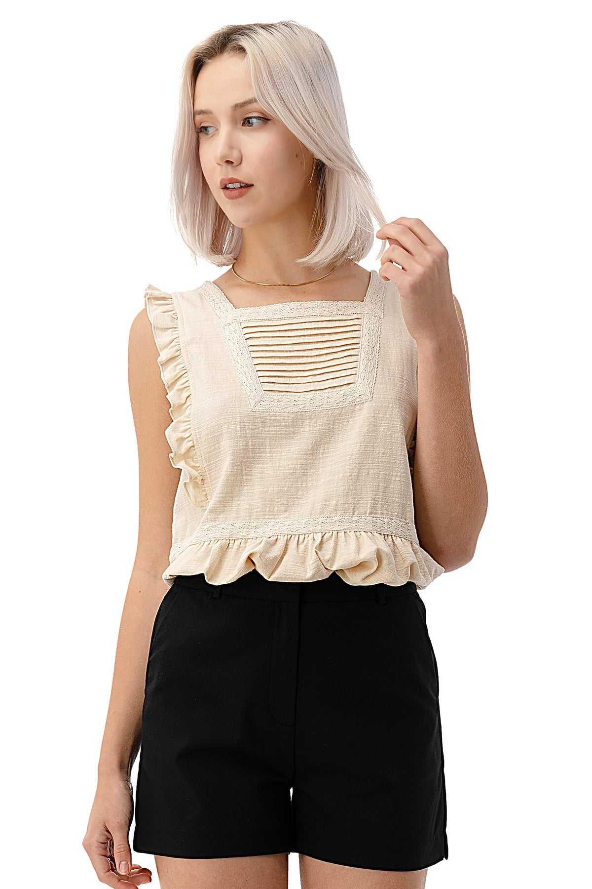 EDGY Land Girl's and Women's Ruffled Armhole Pin tucked Chest with Beautiful Lace Trim Sleeveless Fashion Blouse