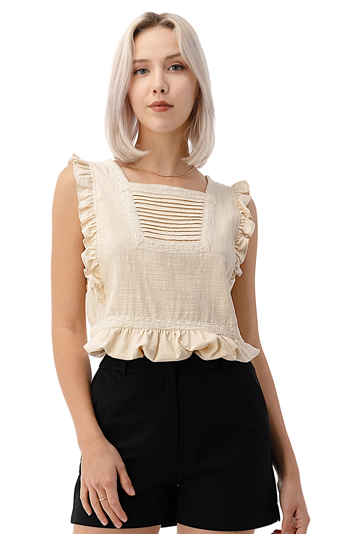 EDGY Land Girl's and Women's Ruffled Armhole Pin tucked Chest with Beautiful Lace Trim Sleeveless Fashion Blouse