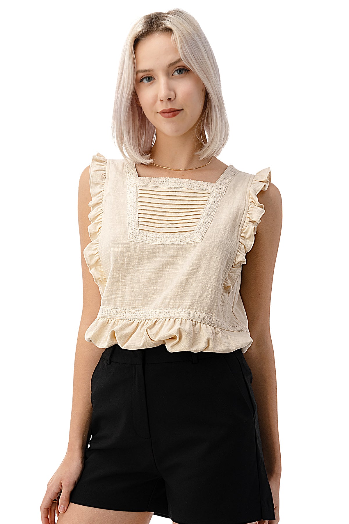 EDGY Land Girl's and Women's Ruffled Armhole Pin tucked Chest with Beautiful Lace Trim Sleeveless Fashion Blouse