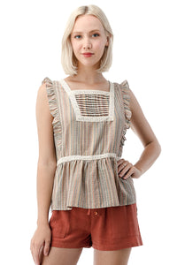 EDGY Land Girl's and Women's Ruffled Armhole Pin tucked Chest with Beautiful Lace Trim Sleeveless Fashion Blouse