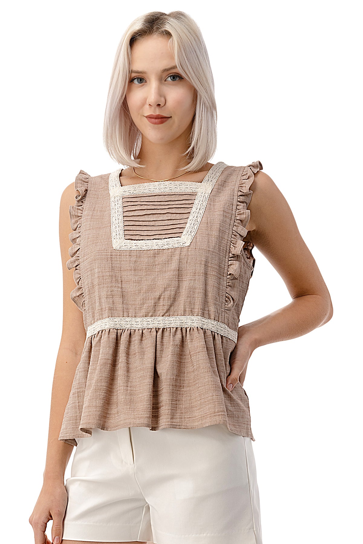 EDGY Land Girl's and Women's Ruffled Armhole Pin tucked Chest with Beautiful Lace Trim Sleeveless Fashion Blouse