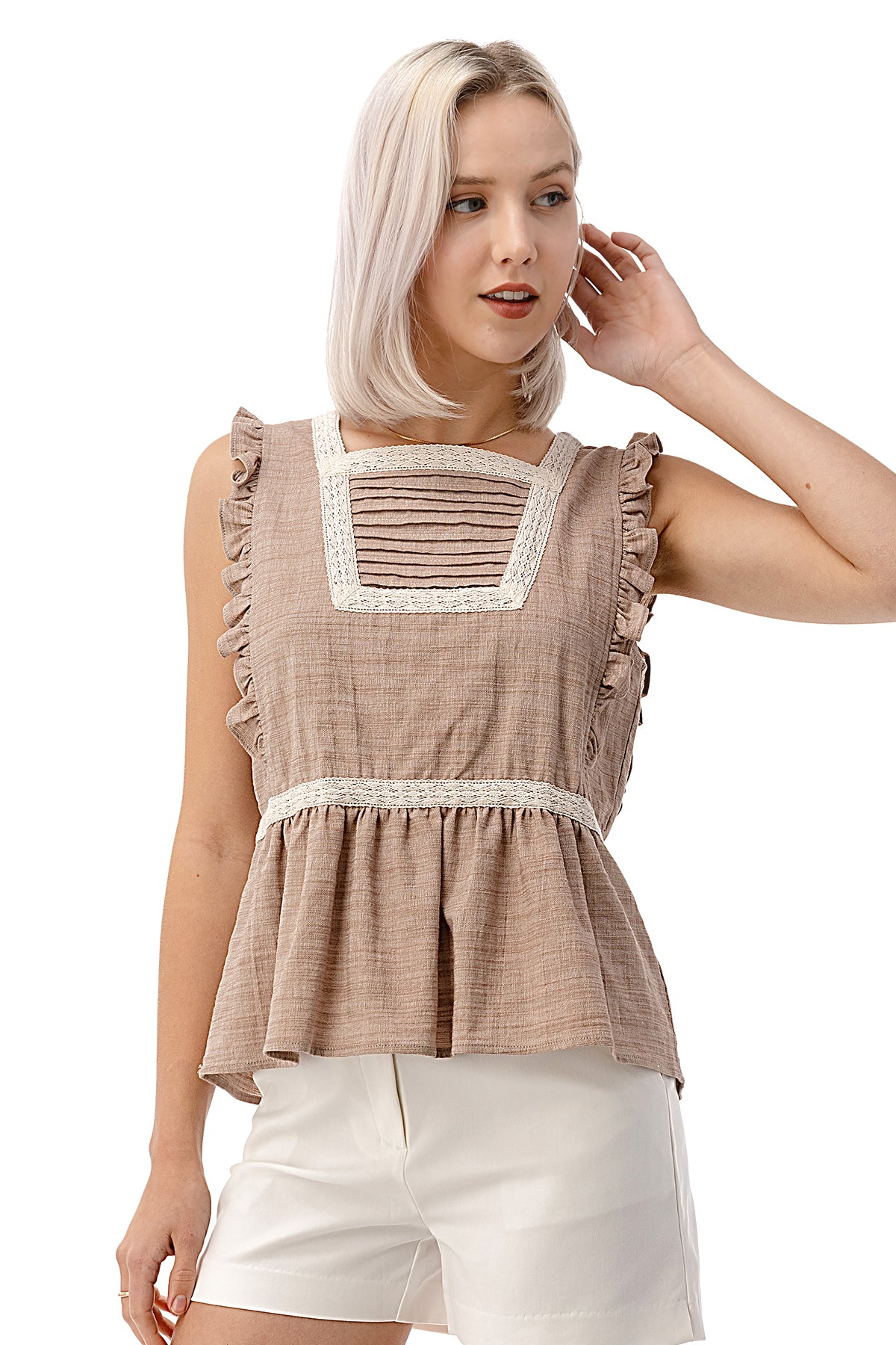 EDGY Land Girl's and Women's Ruffled Armhole Pin tucked Chest with Beautiful Lace Trim Sleeveless Fashion Blouse