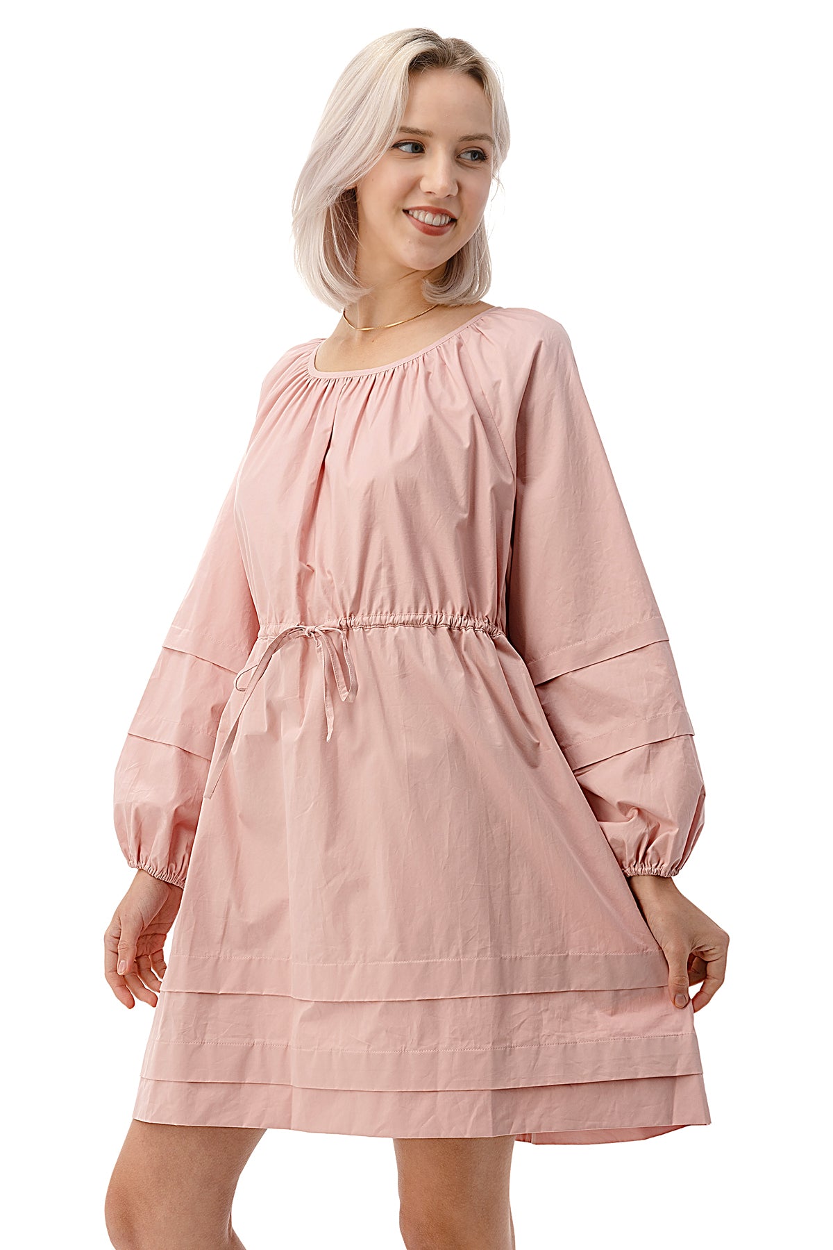 EDGY Land Girl's and Women's Round Neck Long Sleeve Tunneled Drawstring Trendy Mini Dress