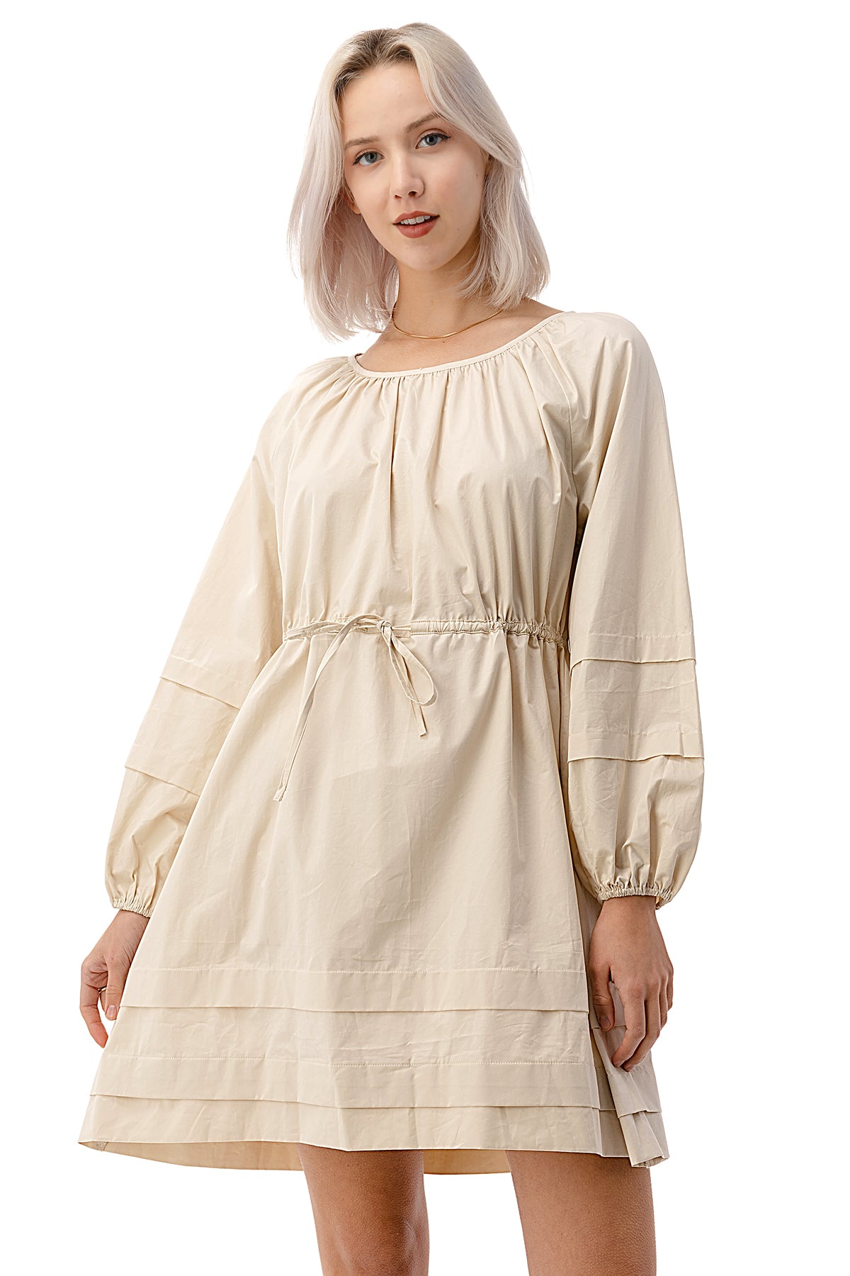 EDGY Land Girl's and Women's Round Neck Long Sleeve Tunneled Drawstring Trendy Mini Dress