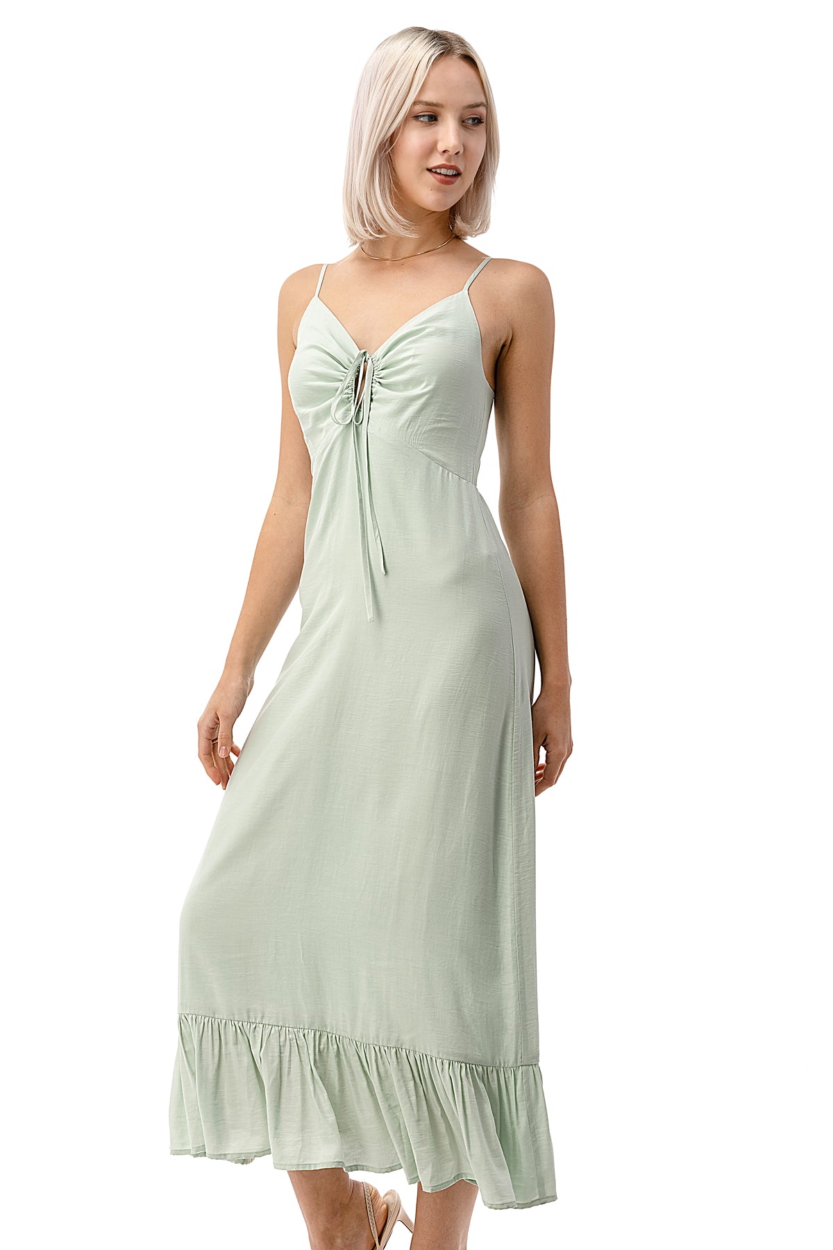 EDGY Land Girl's and Women's Drawstring Bra Flowey Ruffled Bottom A-Line Open Back Tea-Length Cami Party Dress