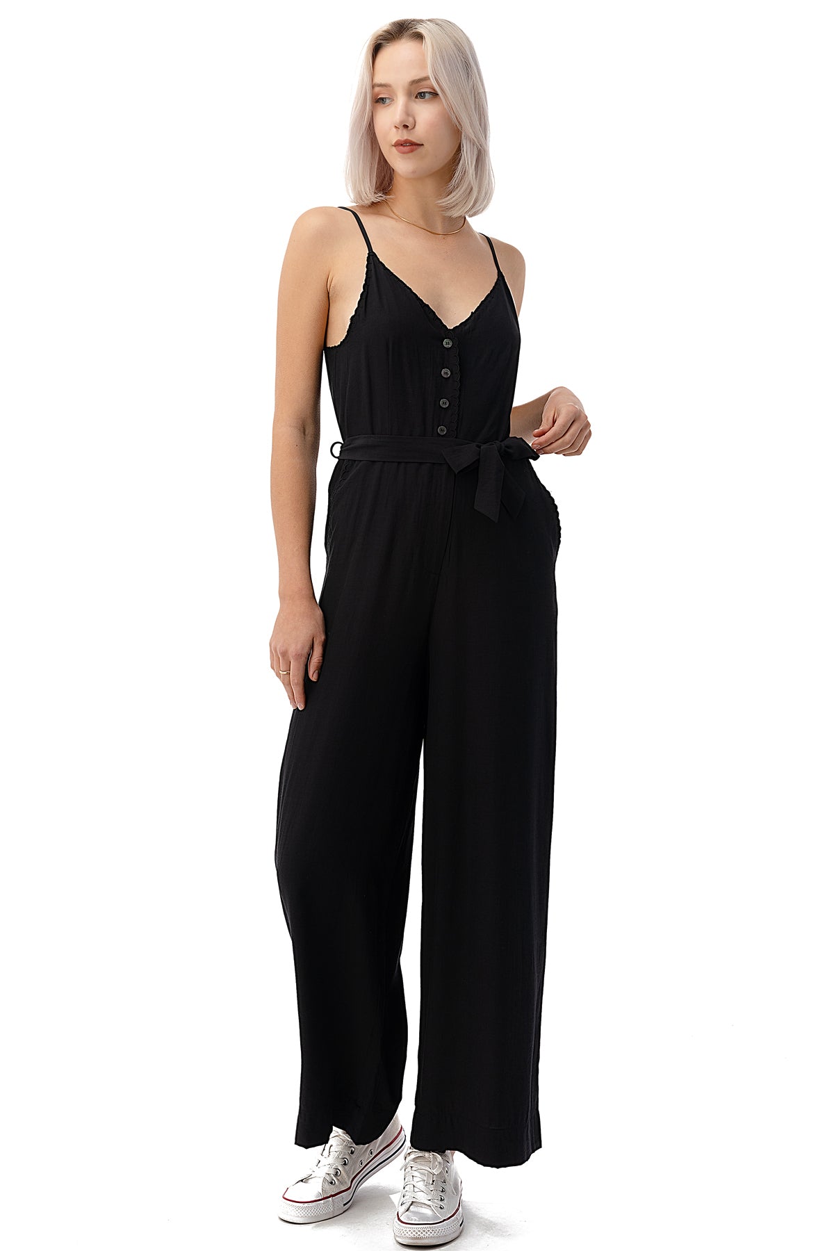 EDGY Land Girl's and Women's Cami StraPPEd Self Tie Buttoned Front High Waist Slit Pocket ankle length Jumpsuit