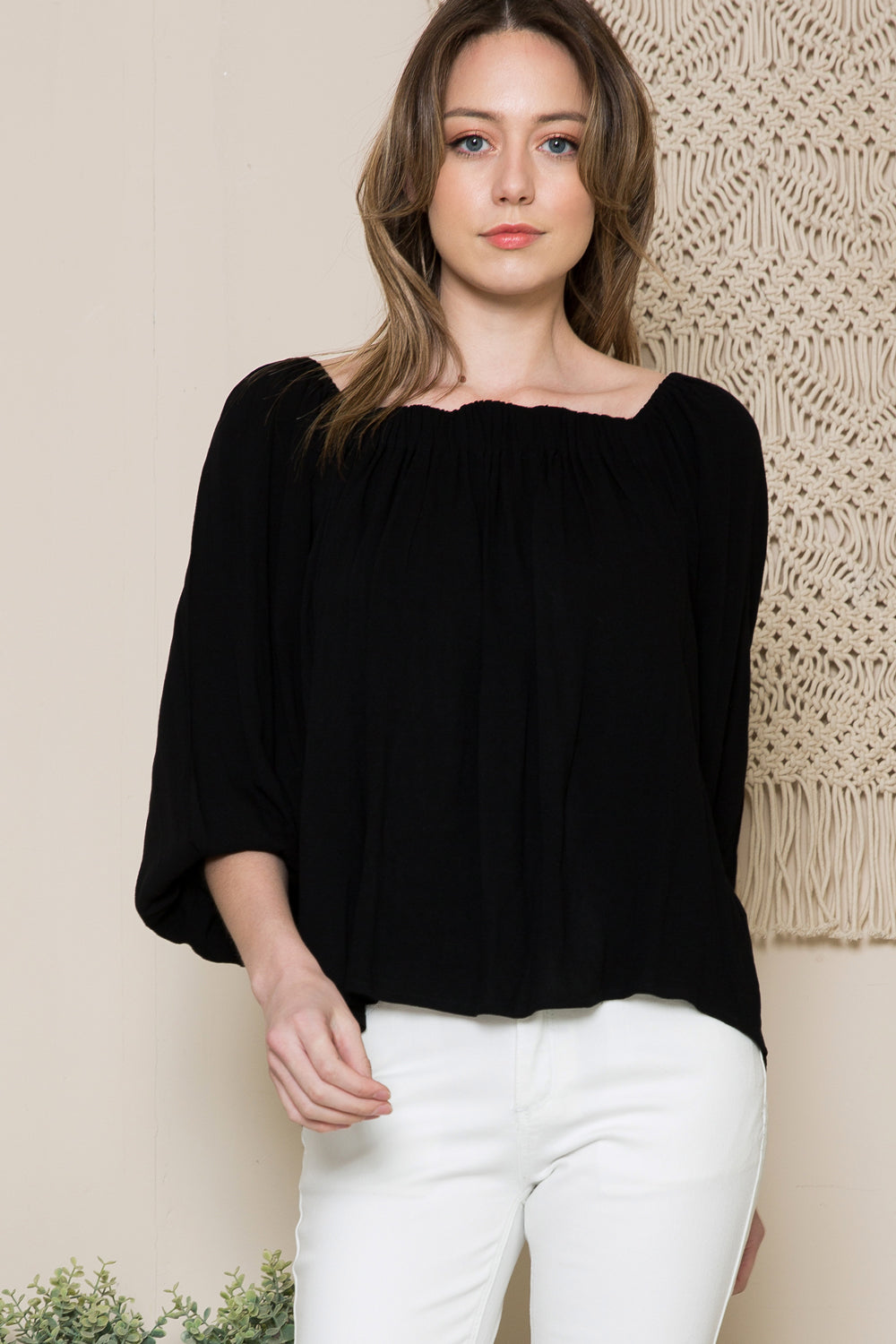 Shirred Open Back Long Sleeve Top