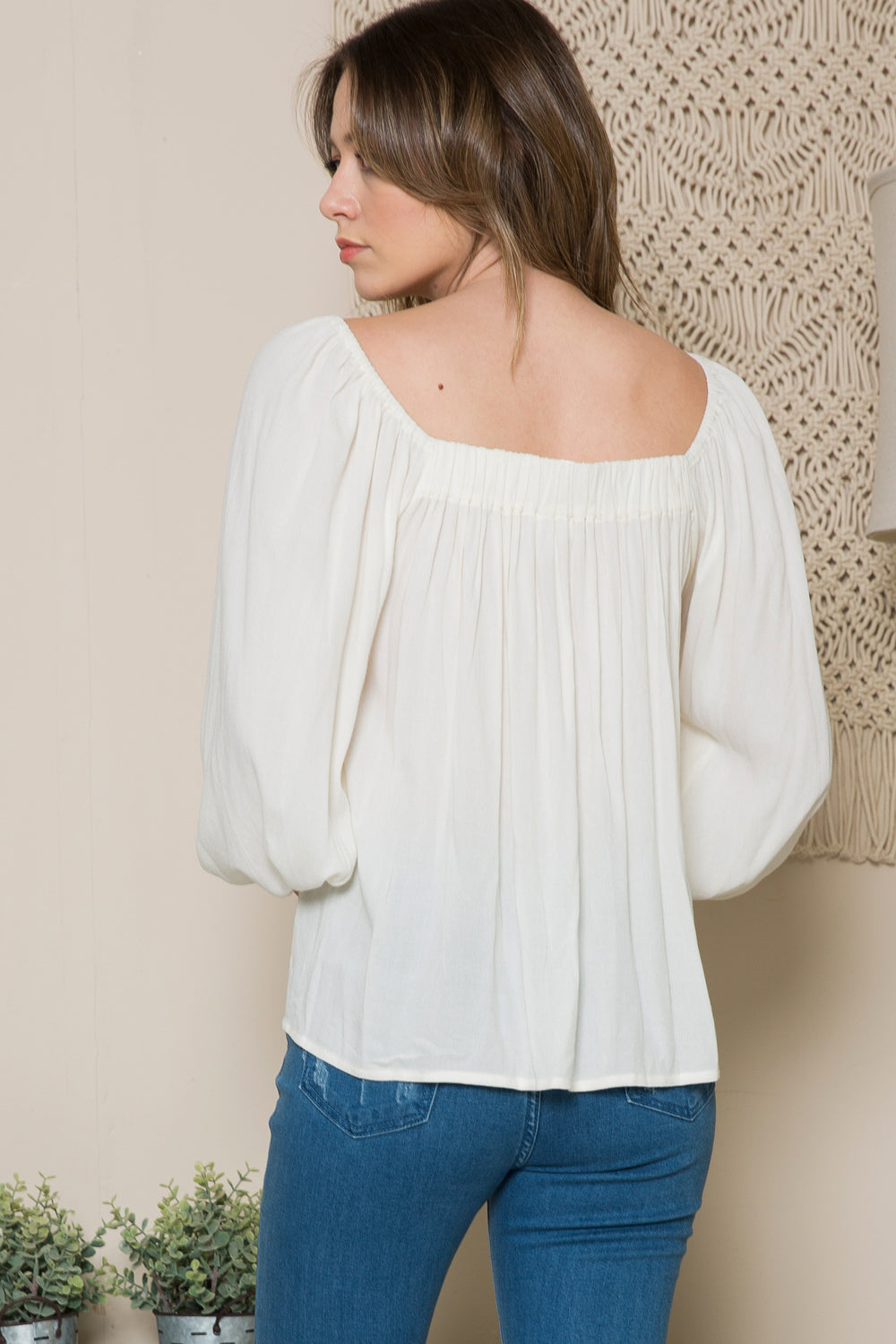 Shirred Open Back Long Sleeve Top