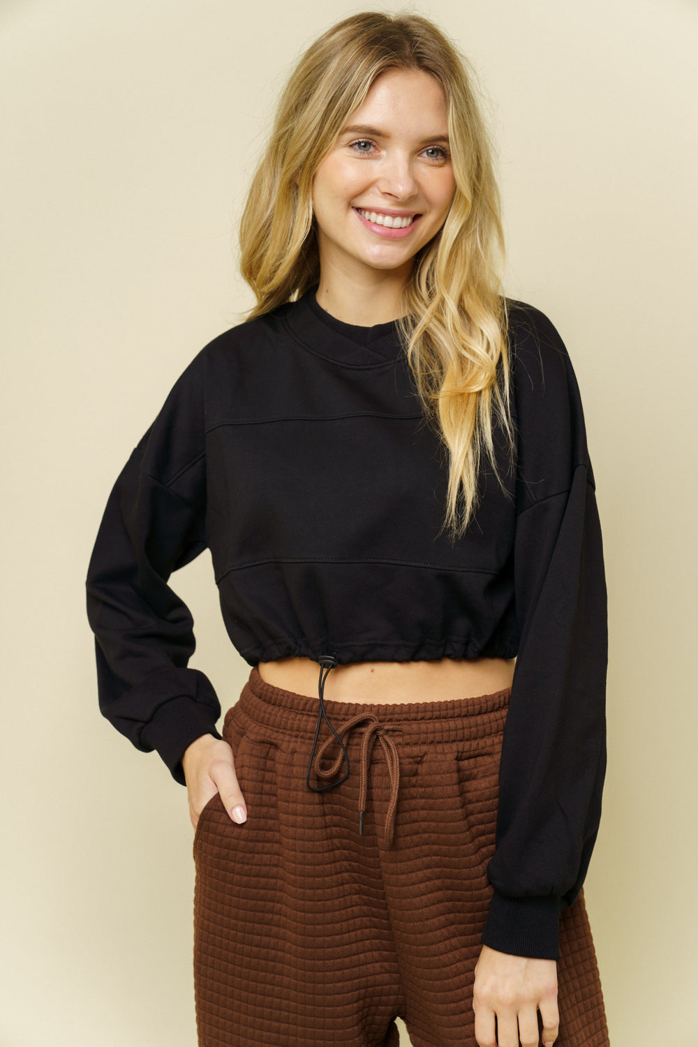 Dropped Shoulder Long Sleeve Cropped Top