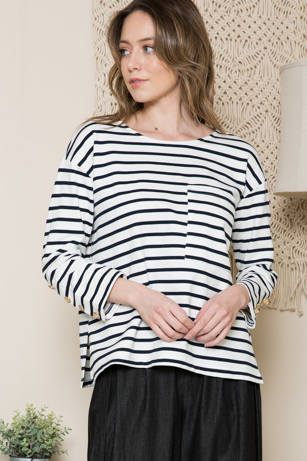 Chest Pocket with Buttoned Sleeve Side Slit Top