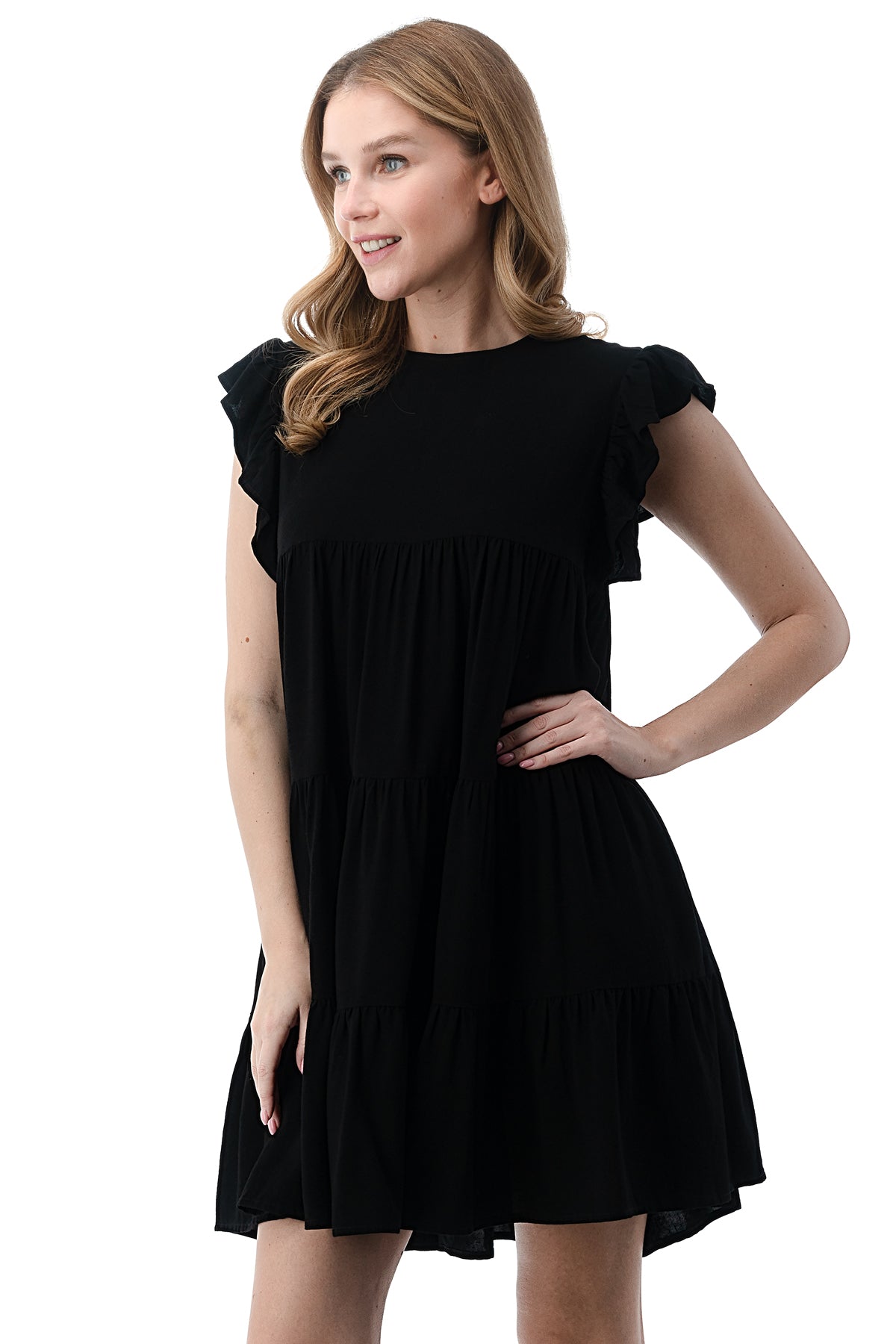 EDGY Land Girl's and Women's Butterfly Short Sleeve Round Neck Ruffled Above-Knee Dress with Shirring