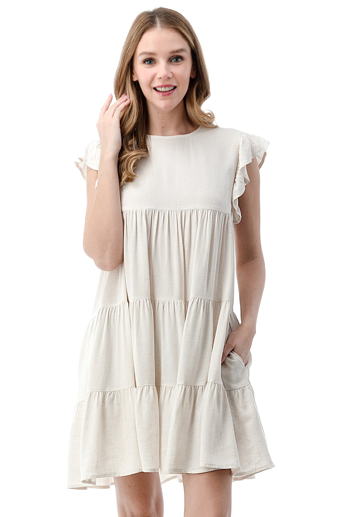 EDGY Land Girl's and Women's Butterfly Short Sleeve Round Neck Ruffled Above-Knee Dress with Shirring