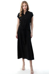 EDGY Land Girl's and Women's Cap Sleeve Collared Flowey Tea-length Dress with Waist Tie