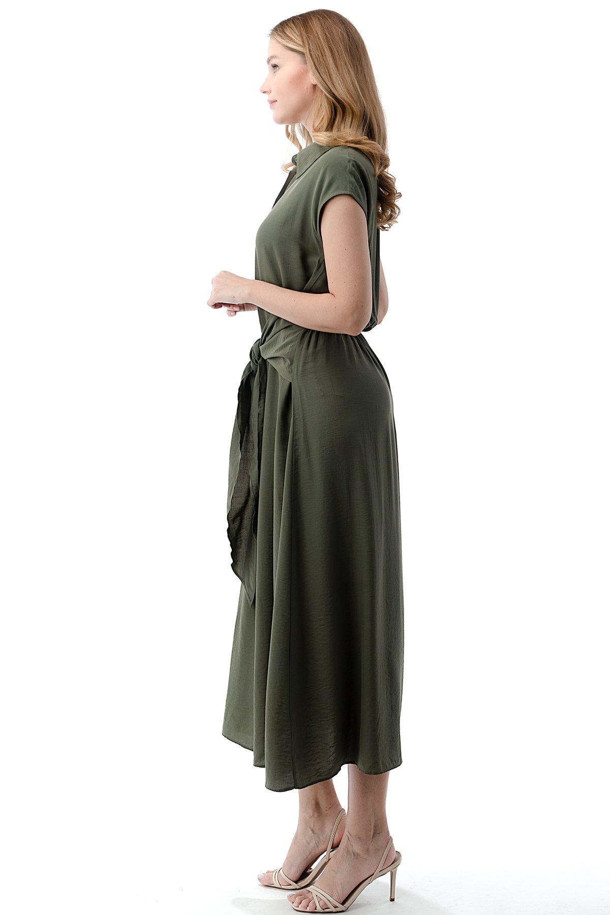 EDGY Land Girl's and Women's Cap Sleeve Collared Flowey Tea-length Dress with Waist Tie