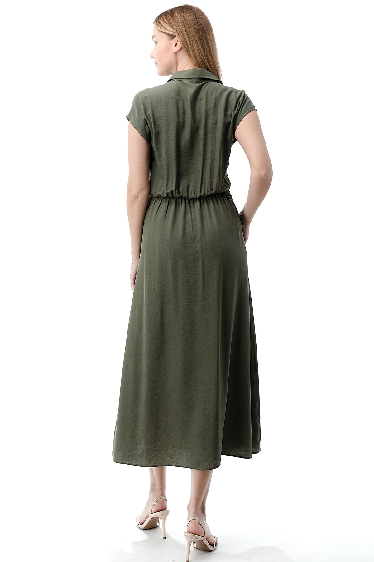 EDGY Land Girl's and Women's Cap Sleeve Collared Flowey Tea-length Dress with Waist Tie