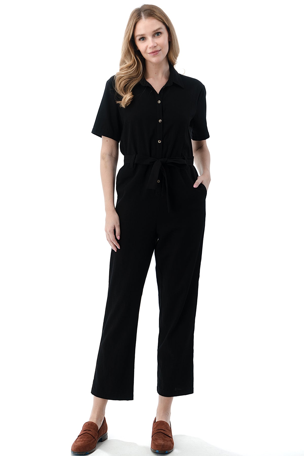 nsendm Women Short Sleeve Jumpsuit Women's Short Sleeve Collared Cropped  Coverall Button Down Tie Waist Overlay Suit Women Pants Black Small 