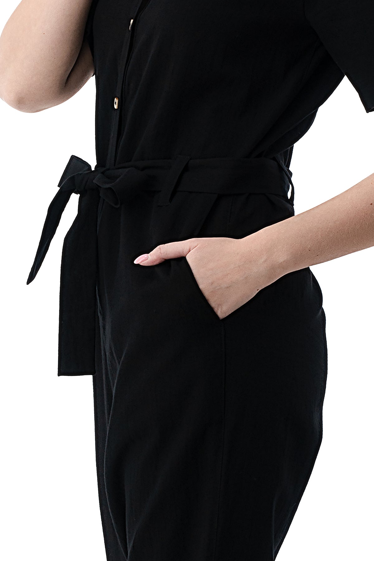 EDGY Land Girl's and Women's Button Down Mid Waist Short Sleeve Self Tie Belt Shirt Jumpsuit