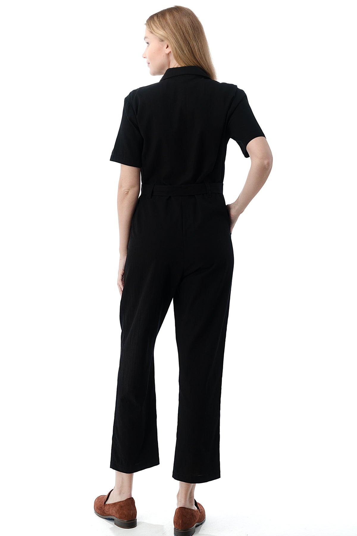 nsendm Women Short Sleeve Jumpsuit Women's Short Sleeve Collared Cropped  Coverall Button Down Tie Waist Overlay Suit Women Pants Black Small