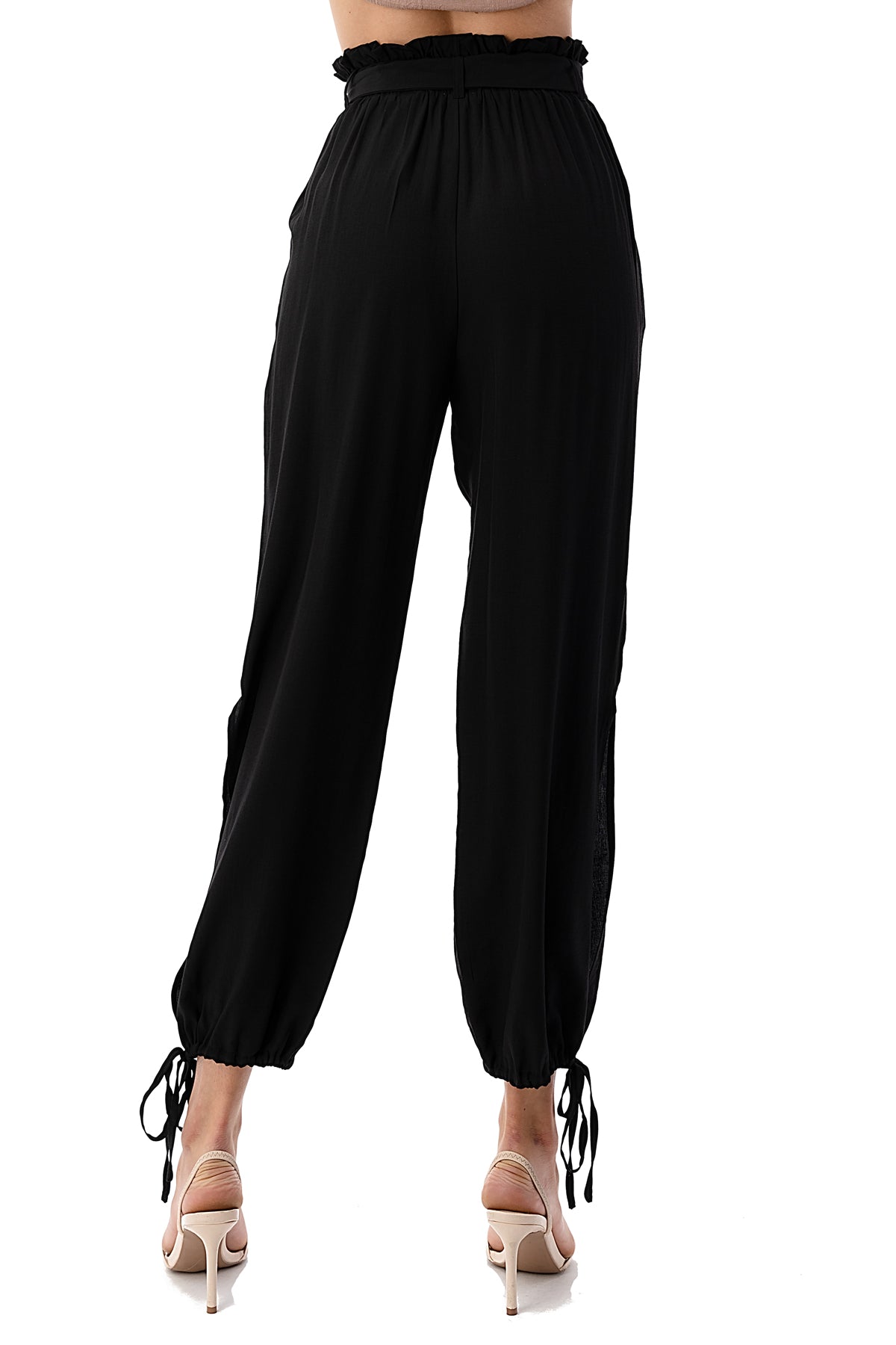 Cotton Linen Harem Pants for Women Eyelet Button Cutout Tapered Lounge  Pants Elastic Waist Ruffle Cinch Bottom Pants Black : : Clothing,  Shoes & Accessories