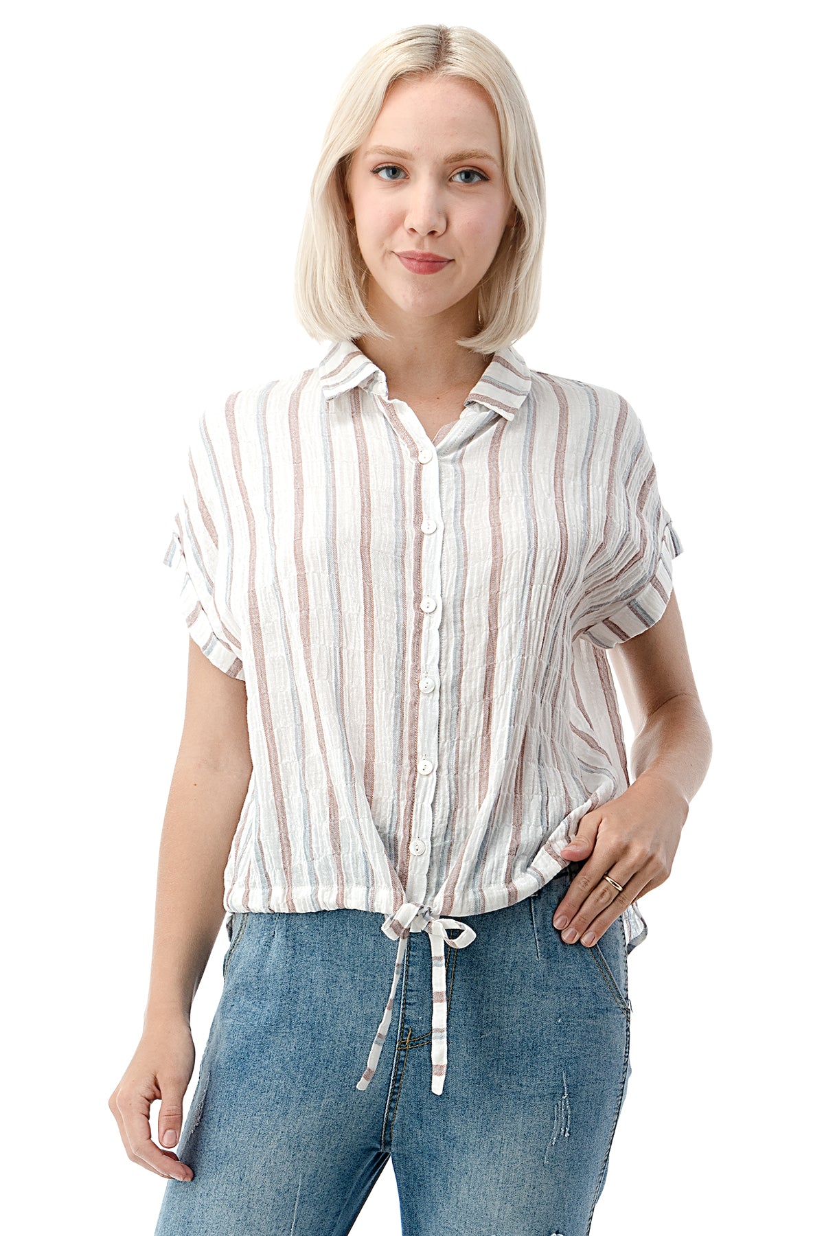 EDGY Land Girl's and Women's Collared Bottom Tie Button Down Short Sleeve Shirt