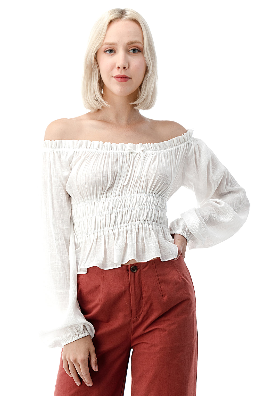 EDGY Land Girl's and Women's Ruffled Off Shoulder Bell Sleeve Shirred Fashion Blouse