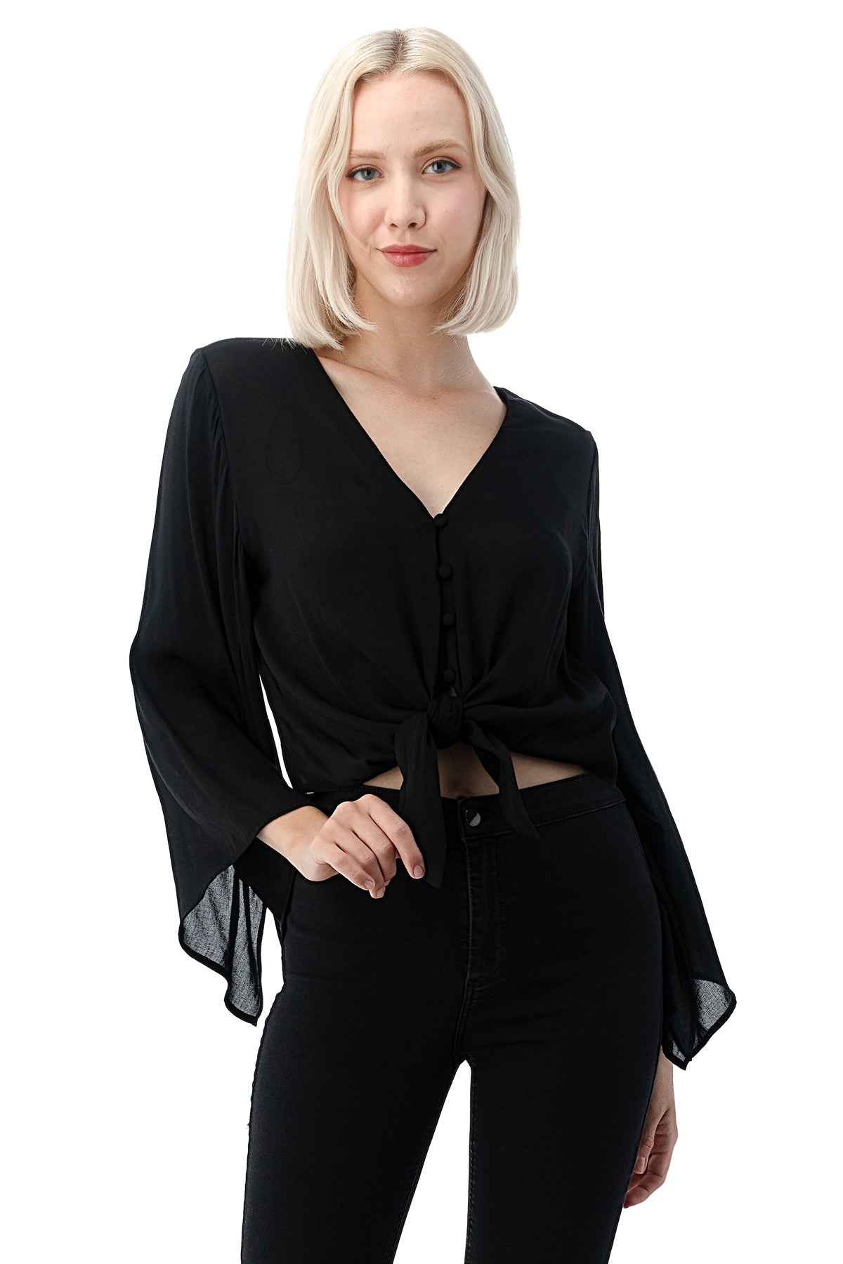 EDGY Land Girl's and Women's Self Tie Bottom Buttoned Chest Slited Bell Sleeve Fashion Blouse