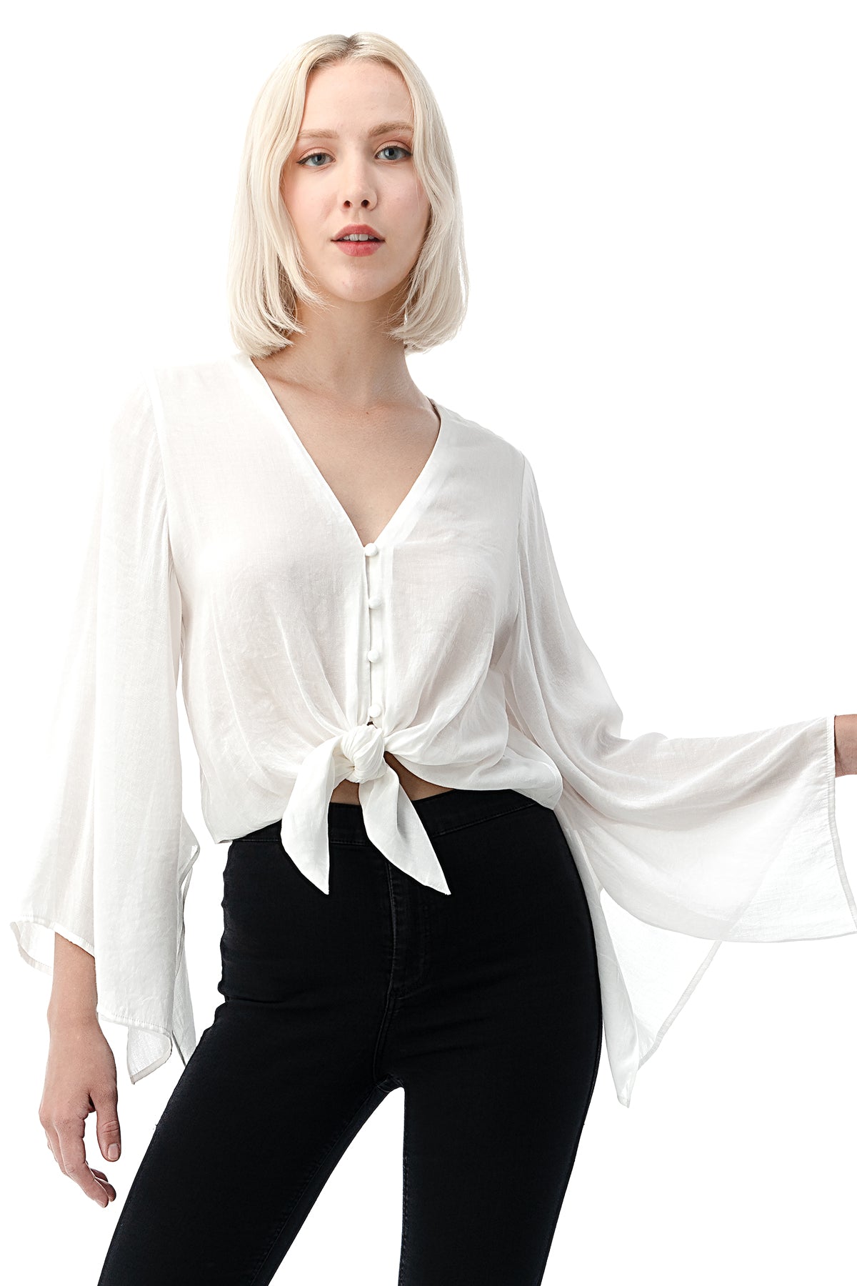 EDGY Land Girl's and Women's Self Tie Bottom Buttoned Chest Slited Bell Sleeve Fashion Blouse