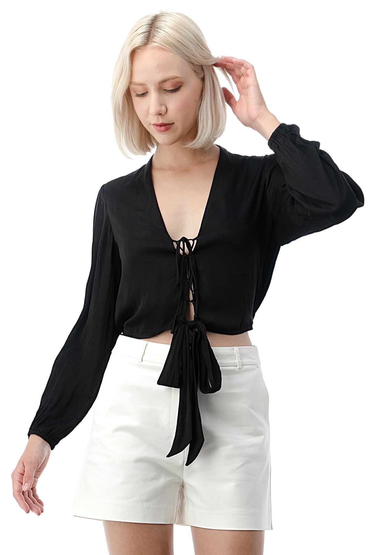 EDGY Land Girl's and Women's Self Tie Bottom V-Neck Drawstring Closure Chest Long Sleeve Fashion Blouse