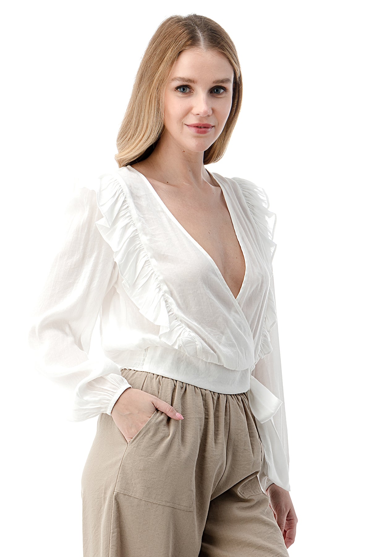 EDGY Land Girl's and Women's Ruffled Front Tie Smocked Bottom V-Neck Long Sleeve Fashion Wrap Blouse