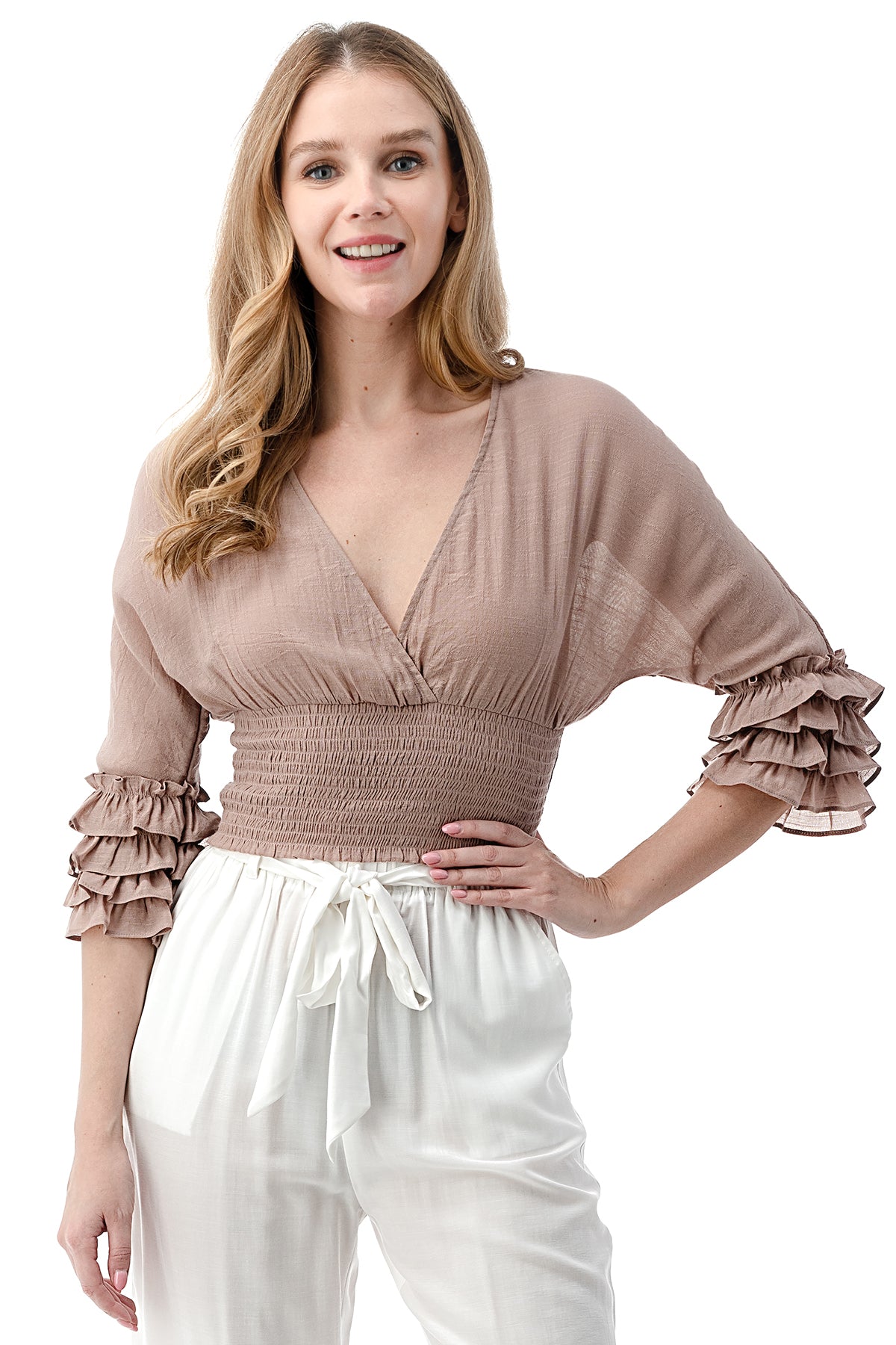 EDGY Land Girl's and Women's Layered Bell Sleeve V-Neck Bottom Smocked Fashion Blouse