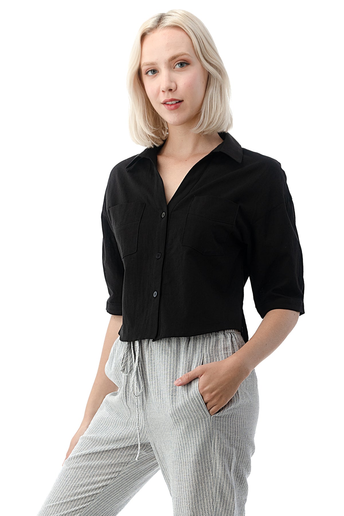 EDGY Land Girl's and Women's Collared V-Neck Side Slit Button Down 1/2 Sleeve Fashion Shirt