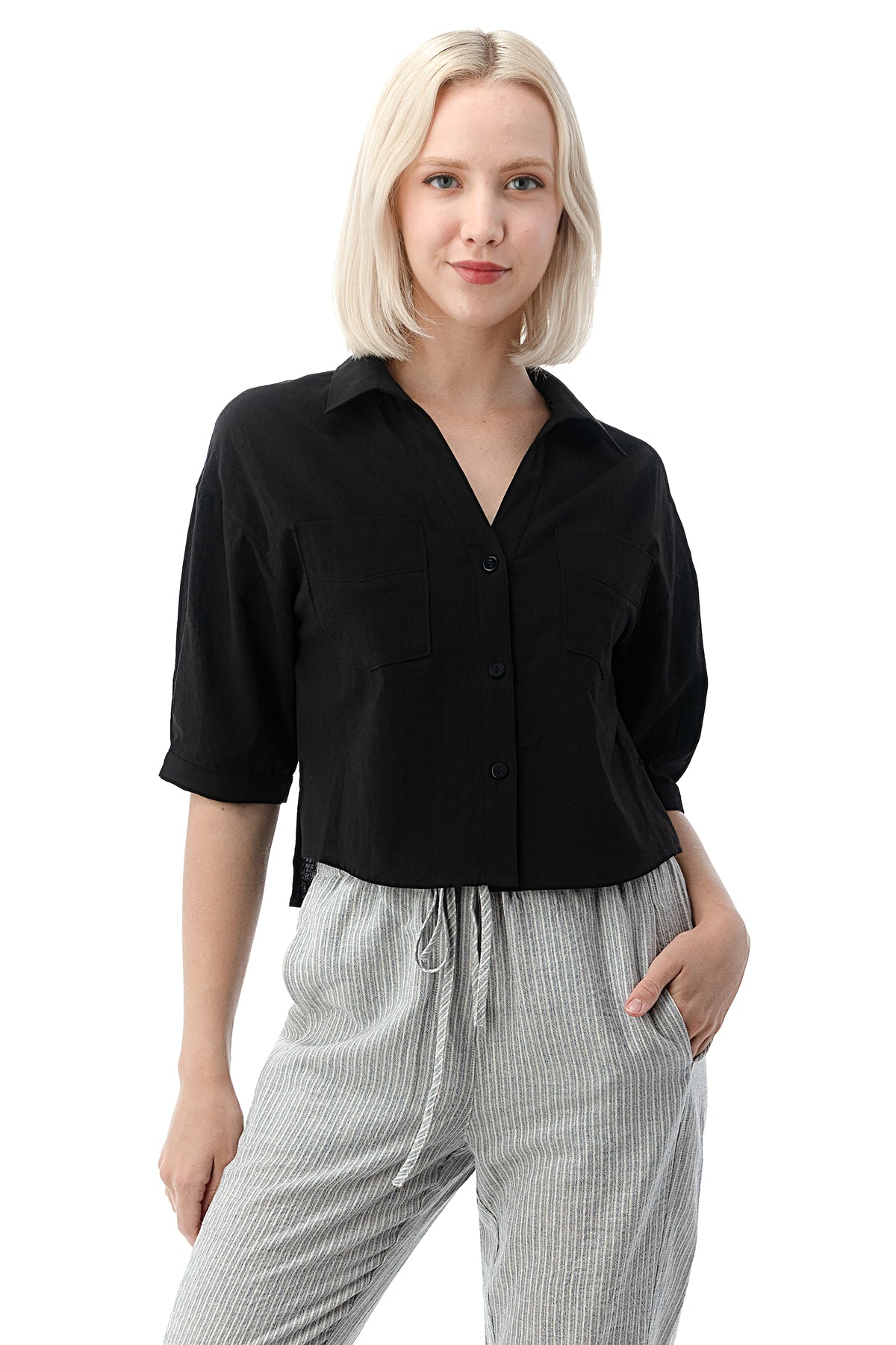EDGY Land Girl's and Women's Collared V-Neck Side Slit Button Down 1/2 Sleeve Fashion Shirt