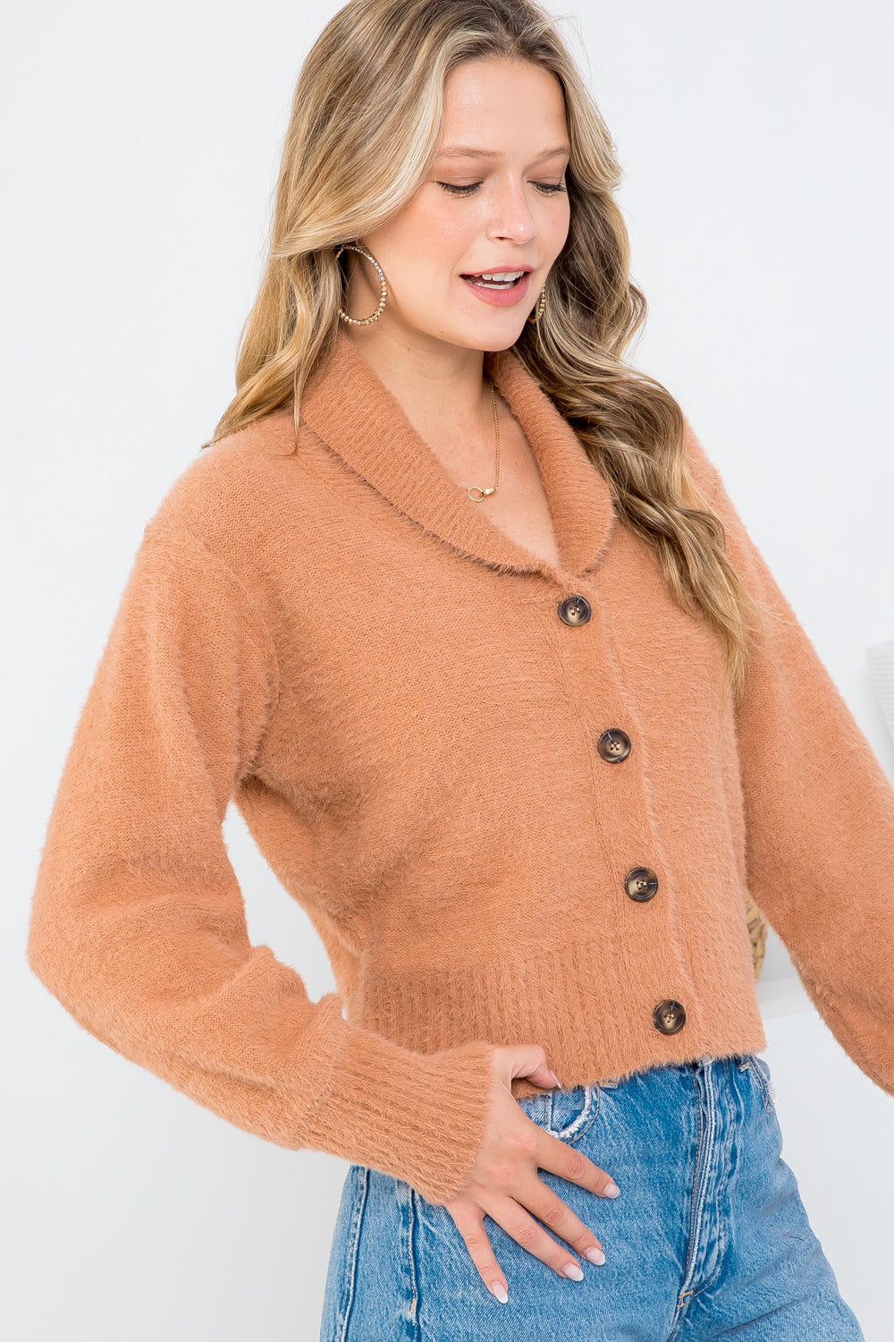 Shawl Collar Long Sleeve Buttoned Sweater Jacket