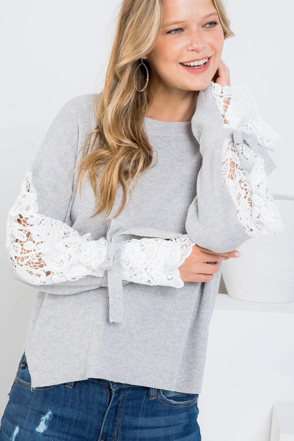Lace Contrasted Drop Shoulder Round Neck Sweater Top