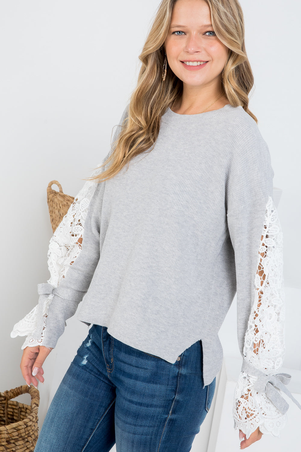 Lace Contrasted Drop Shoulder Round Neck Sweater Top