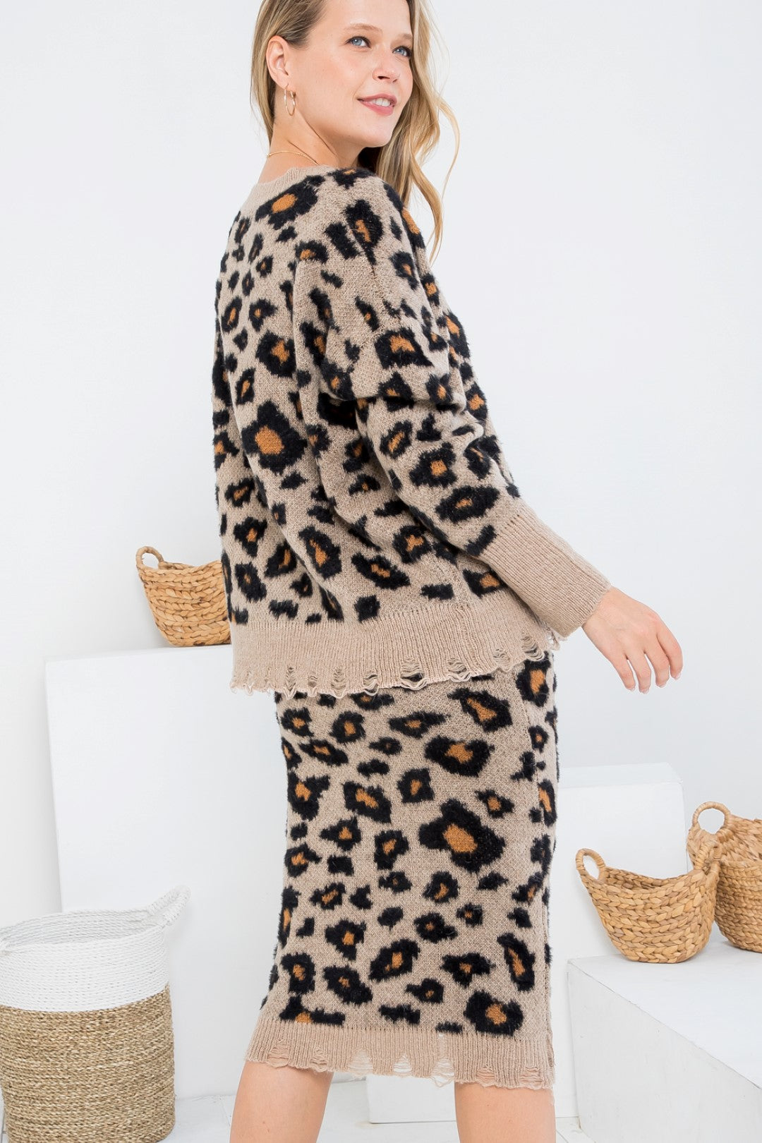 Leopard vintage V-neck Cardigan Dress Sweater Set