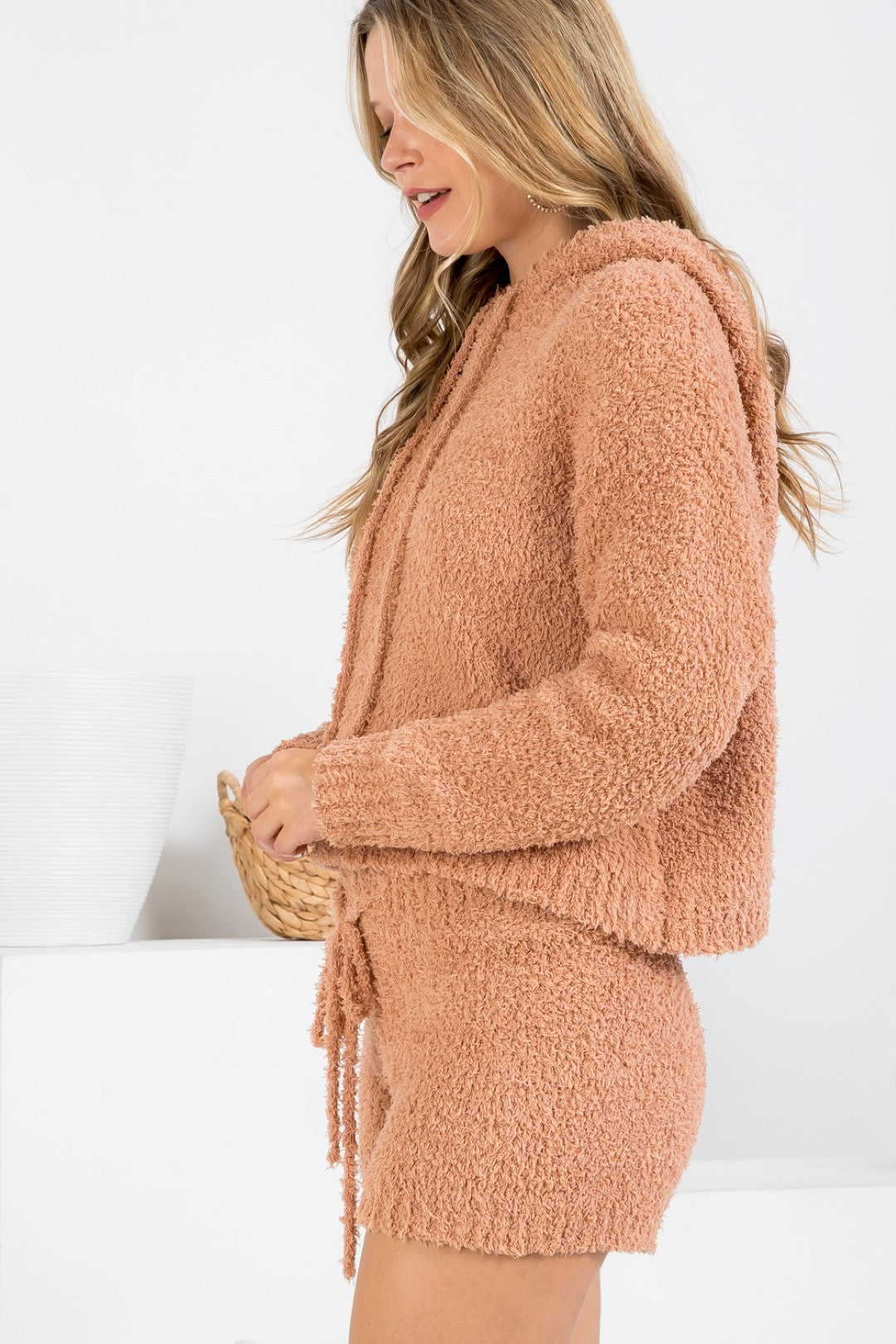 Fuzzy Pullover Hoodie with Stringed Short Pant Sweater Set
