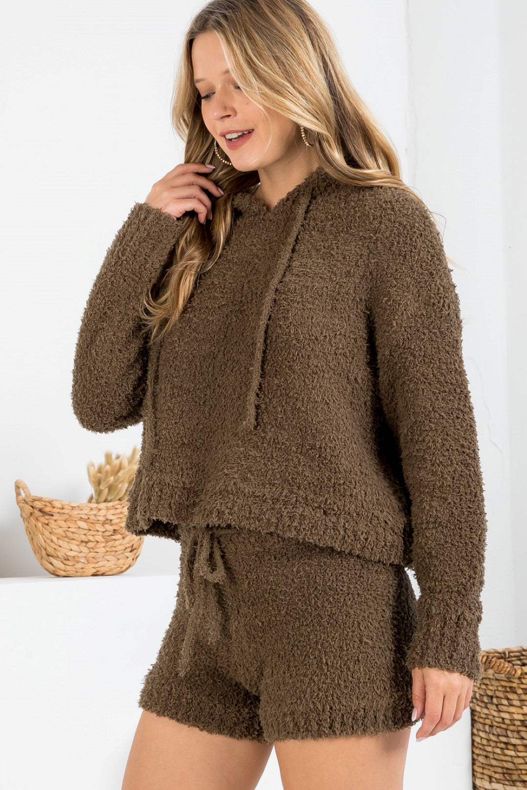 Fuzzy Pullover Hoodie with Stringed Short Pant Sweater Set