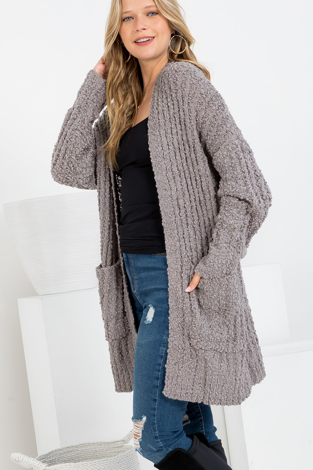 Plus Size Batwing Long Sleeve Open Front with Pockets Popcorn Cardigan