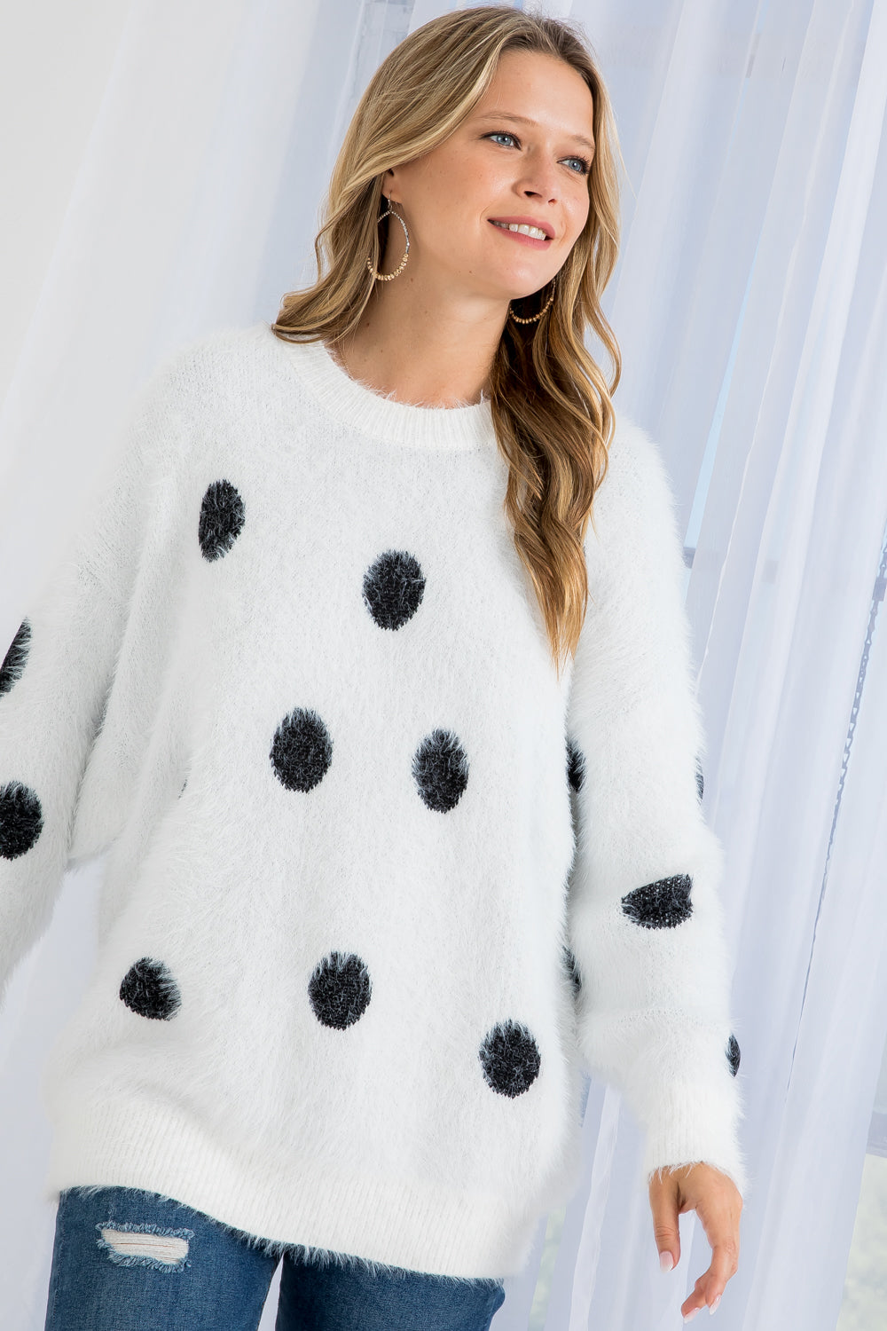 Polka Dot Round Neck Pull Over Sweater Top
